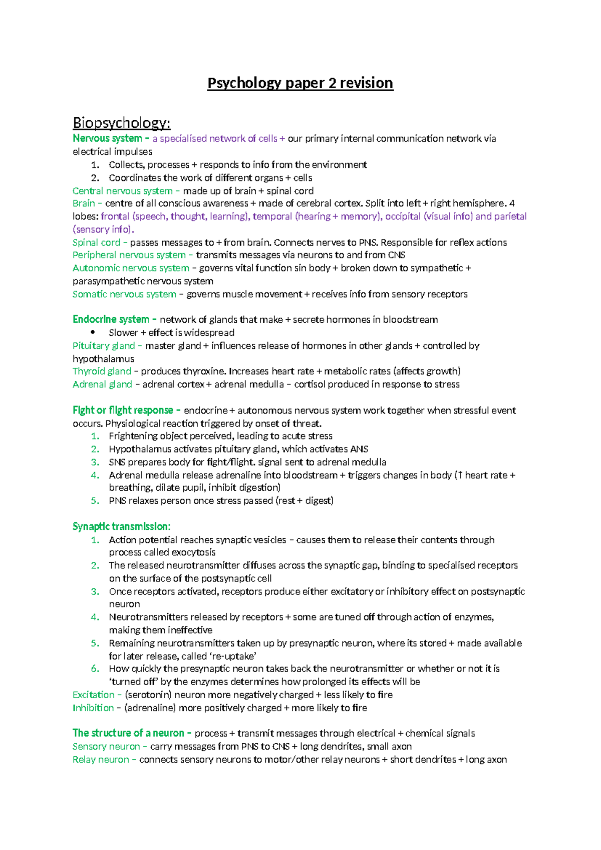 Psychology paper 2 revision - Psychology paper 2 revision Biopsychology ...