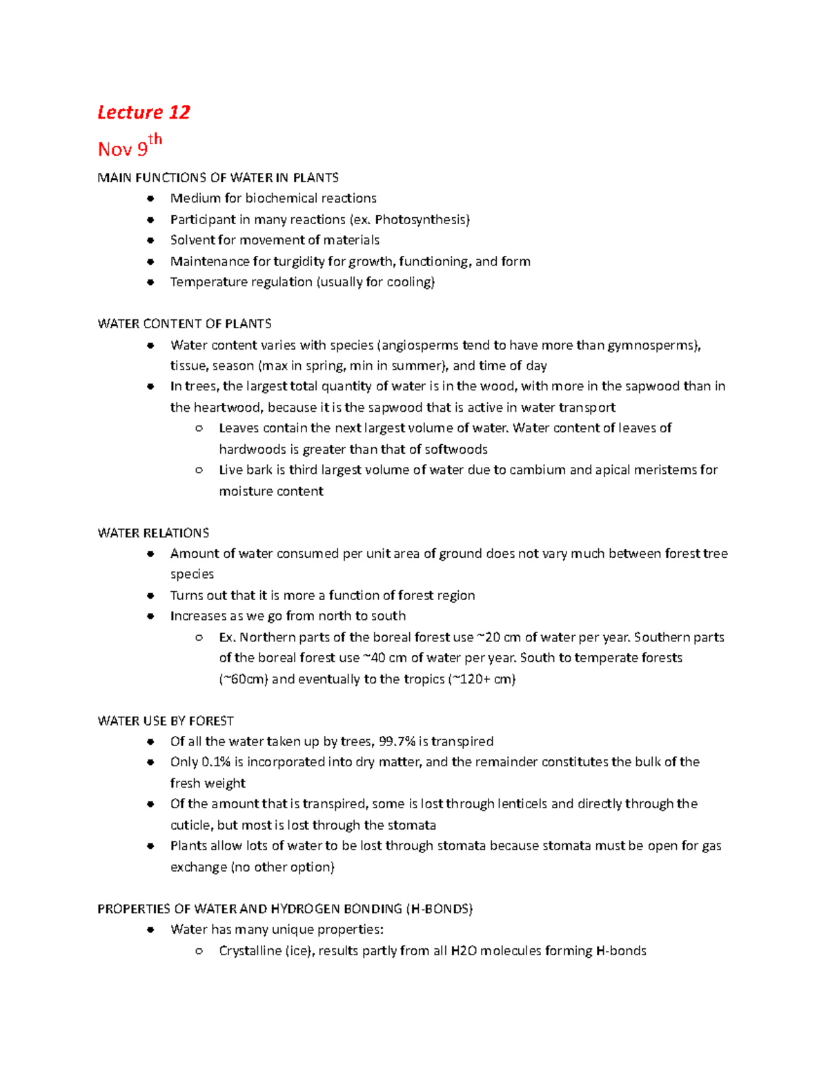 12 - Lecture 12 Notes - Lecture 12 Nov 9 th MAIN FUNCTIONS OF WATER IN ...