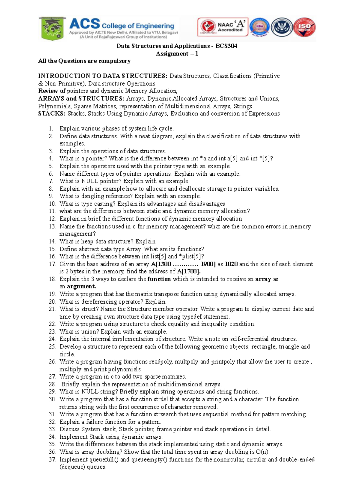 DSA Assignment 1 - important dsa mod 1 questions - Data Structures and ...