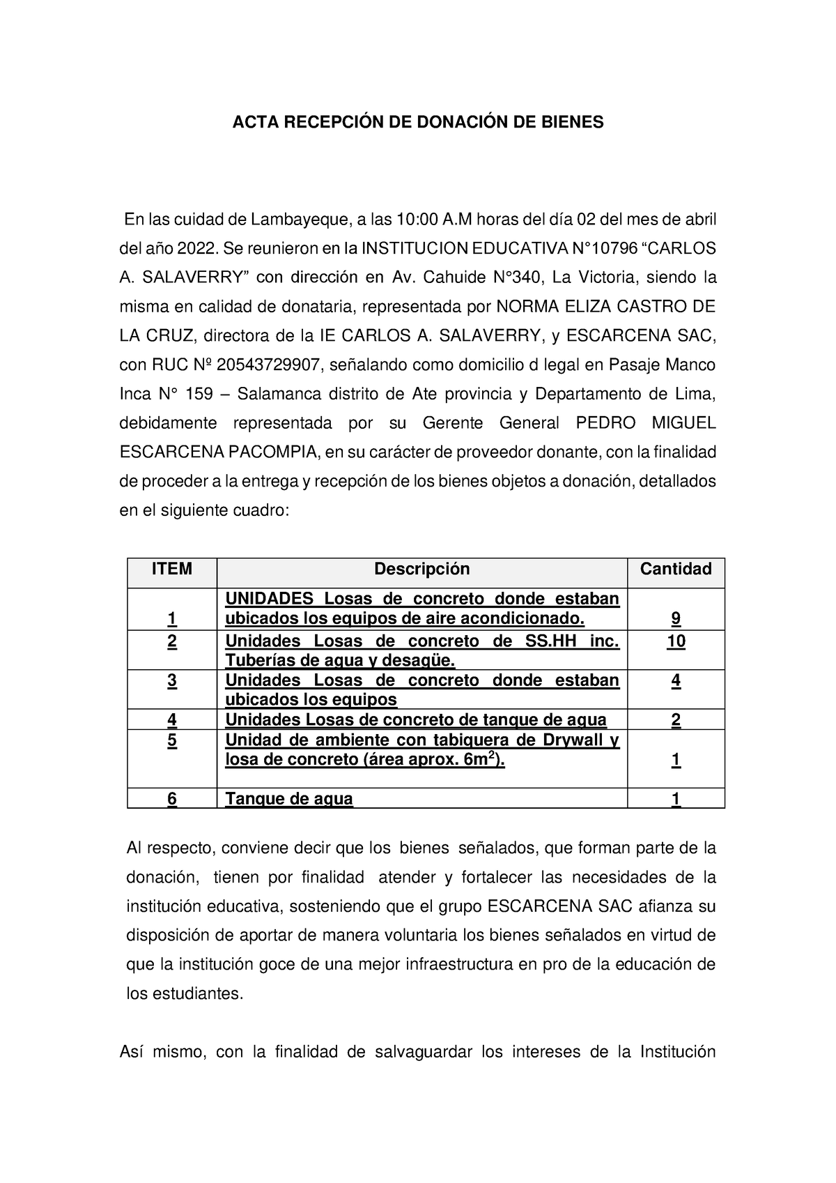 Acta Recepción De Donación De Bienes Acta RecepciÓn De DonaciÓn De