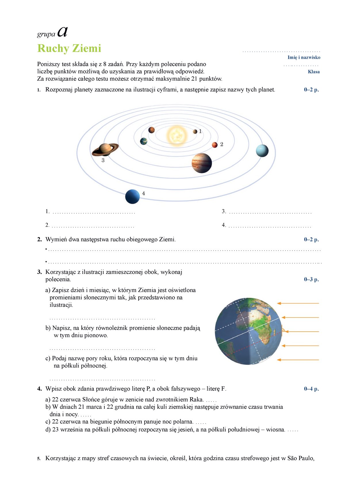 Sprawdzian Ruchy Ziemi - Grupa A Ruchy Ziemi ...