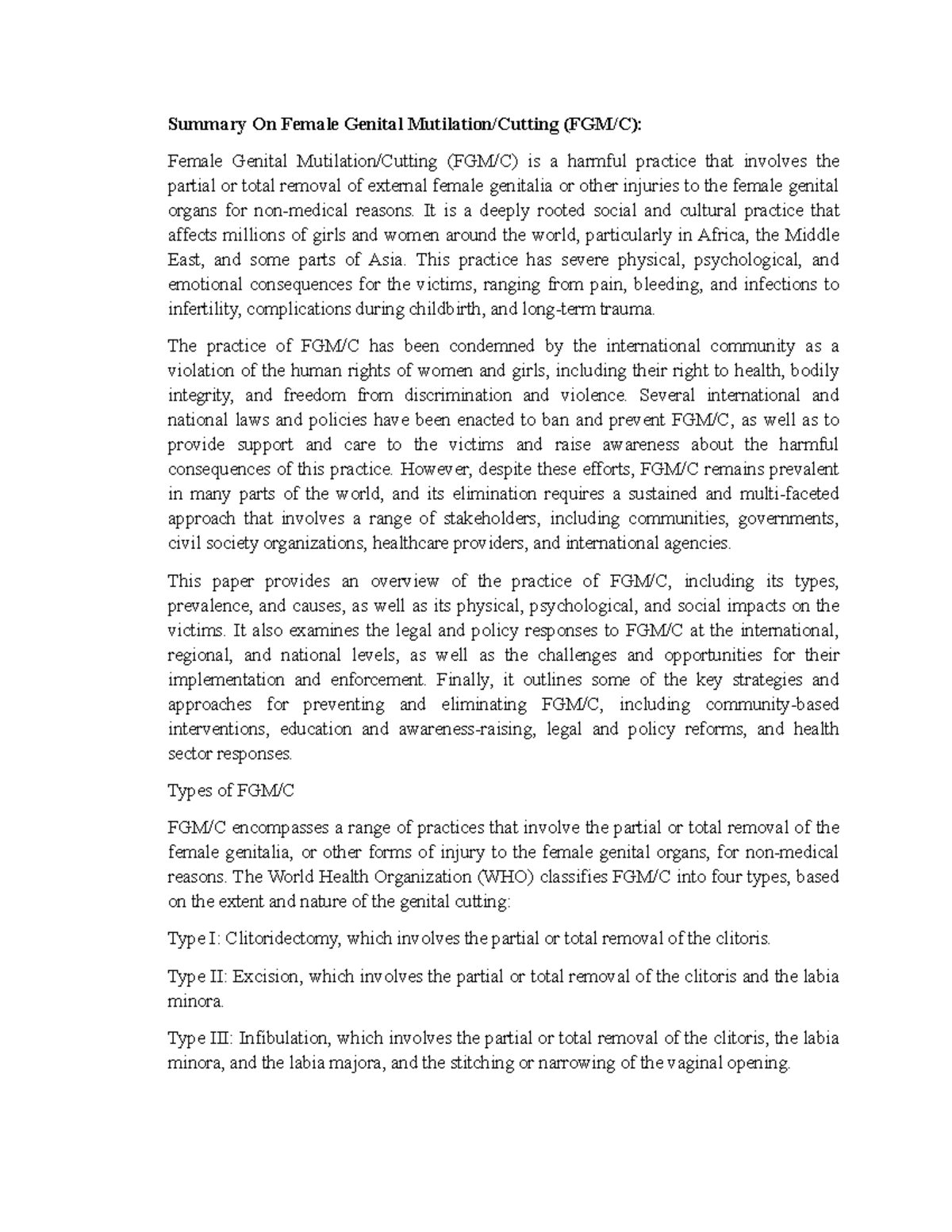 Summary On Female Genital Mutilation Cutting - Summary On Female ...