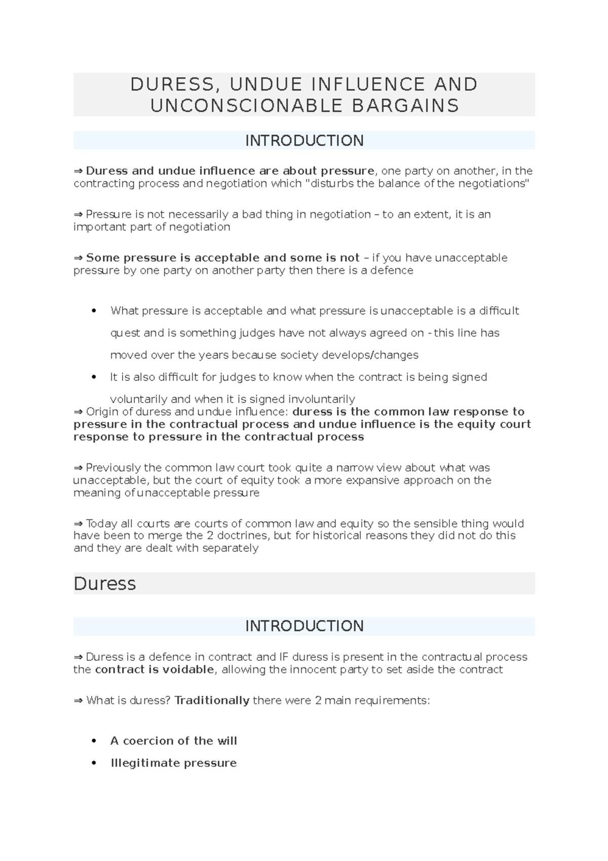 Contract 10 - DURESS, UNDUE INFLUENCE AND UNCONSCIONABLE BARGAINS ...
