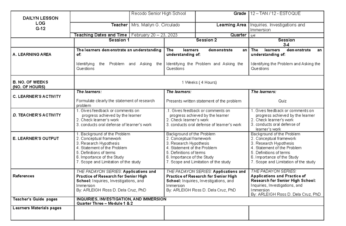 3 dll inquiries investigations and immersiondocx - DAILYN LESSON LOG G ...