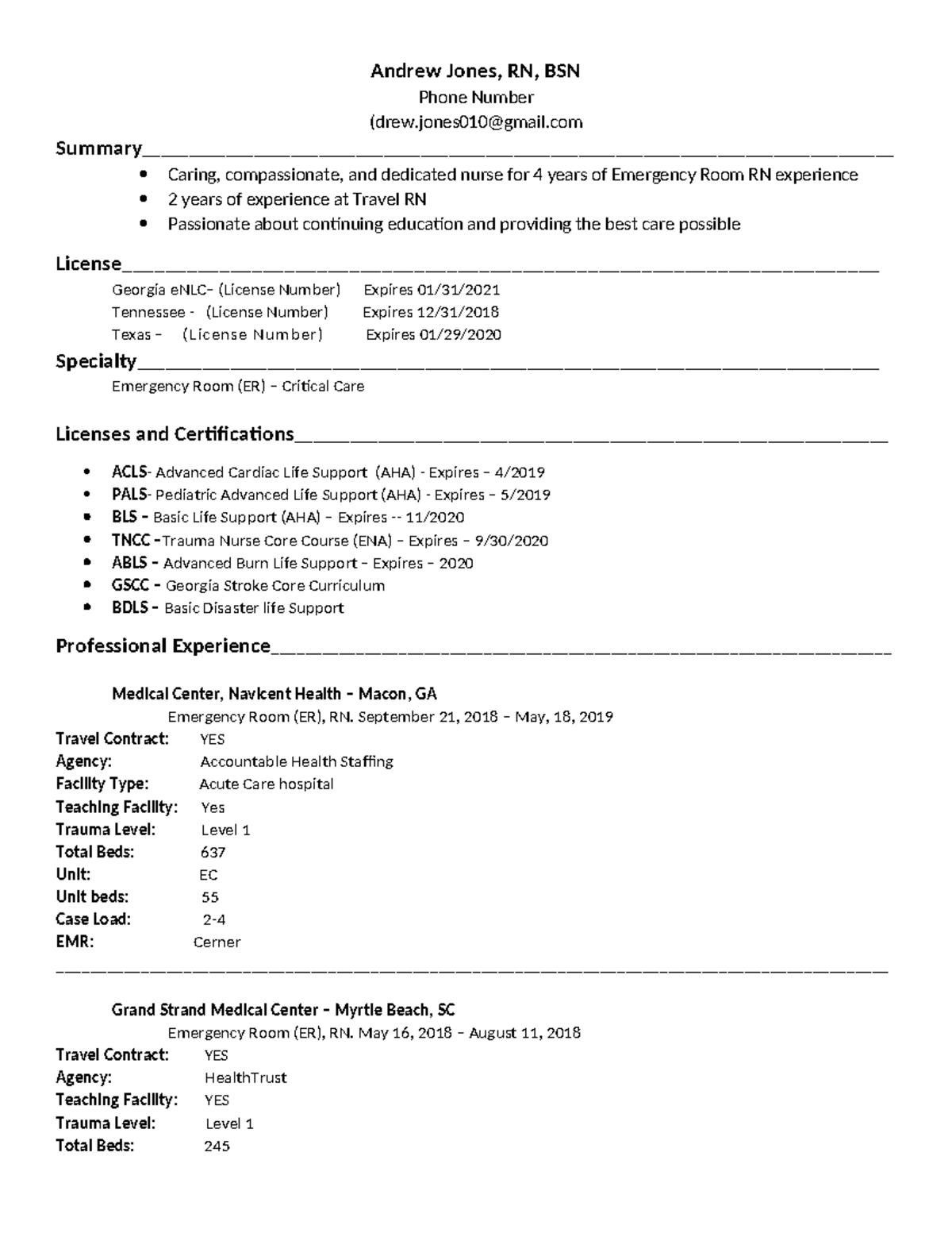 The TNG - Travel Nurse Resume Example - Andrew Jones, RN, BSN Phone ...