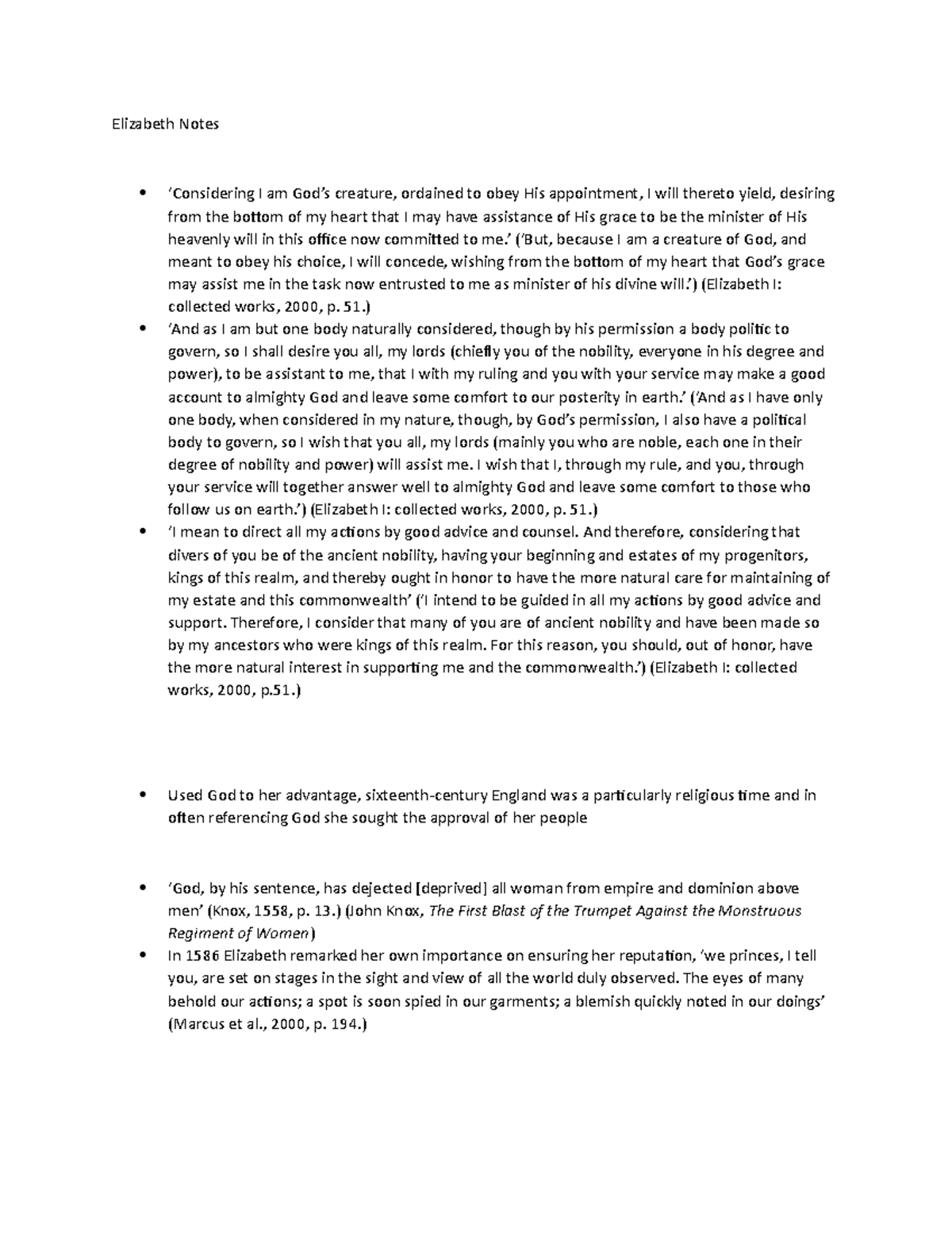 TMA 01: Elizabeth I (Notes) - Elizabeth Notes ‘Considering I am God’s ...