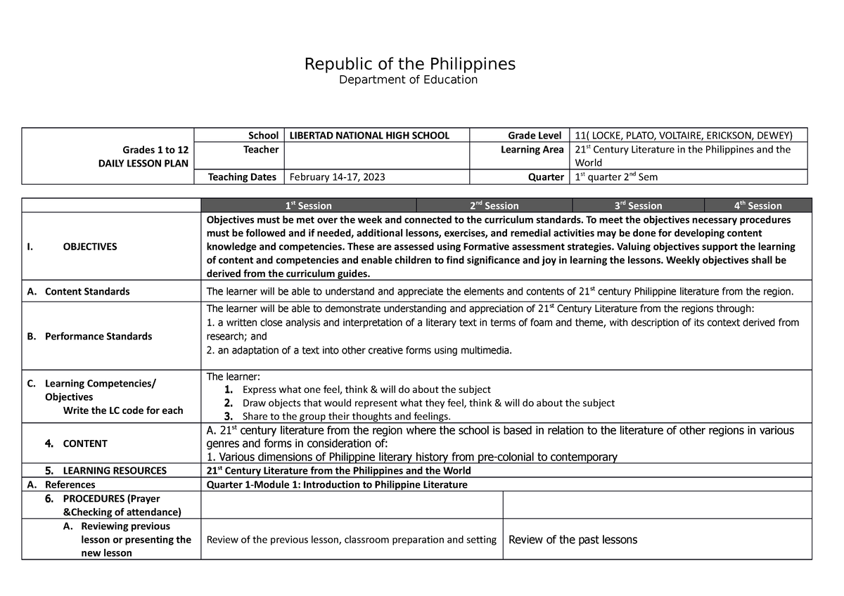 Daily Lesson Log Week 1 - Republic Of The Philippines Department Of ...