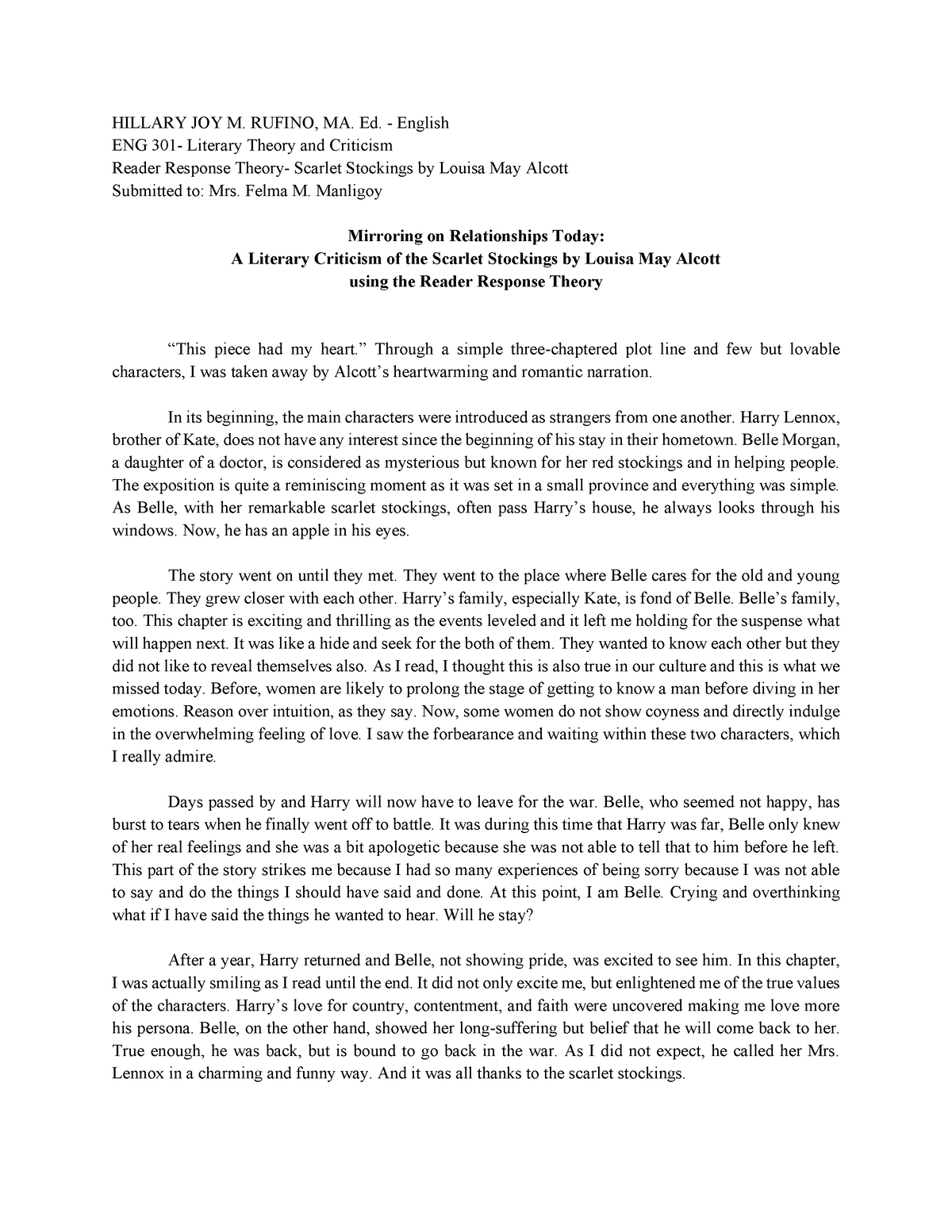 Reader Response Theory - HILLARY JOY M. RUFINO, MA. Ed. - English ENG ...