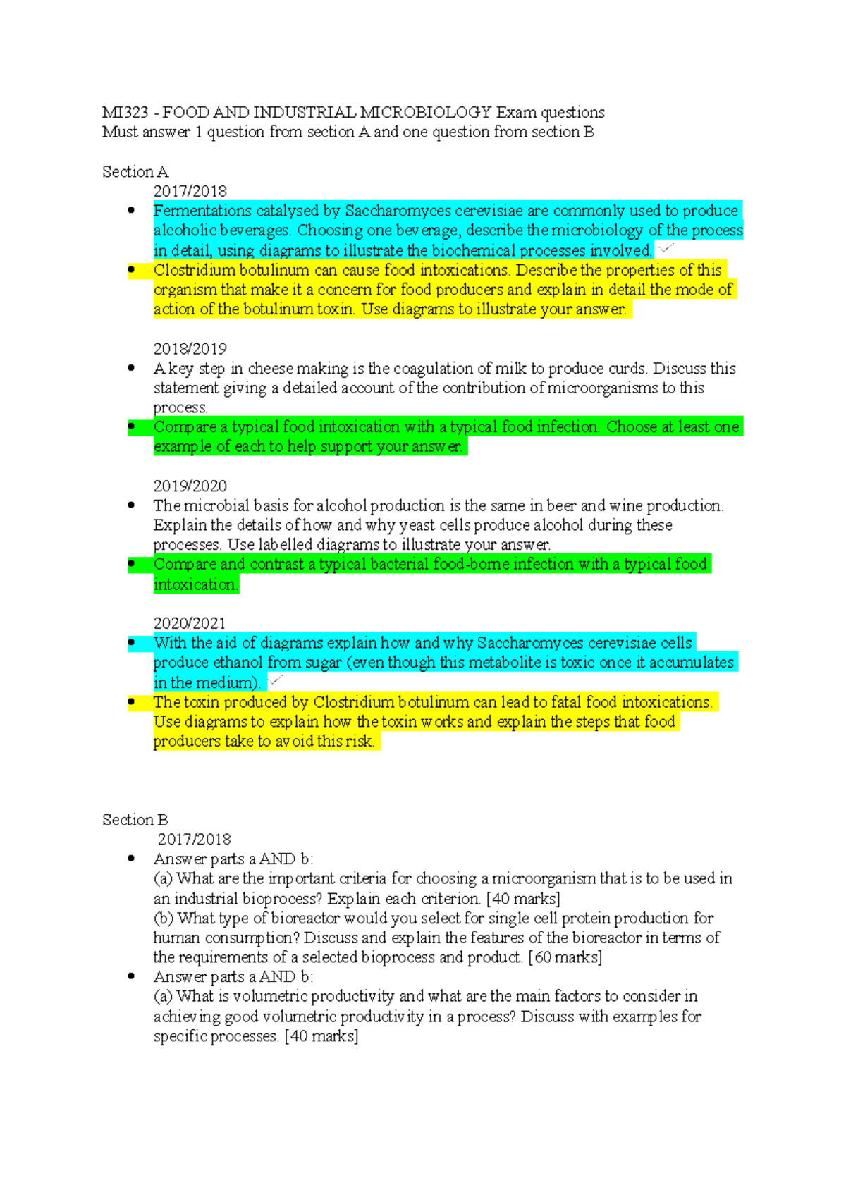 MI323 exam questions micro MI323 FOOD AND INDUSTRIAL MICROBIOLOGY