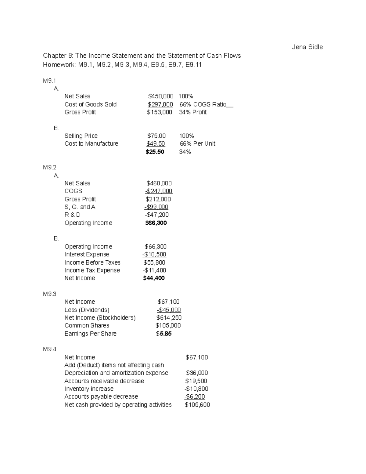 Accounting Chapter 9 HW Jena Sidle Chapter 9 The Statement