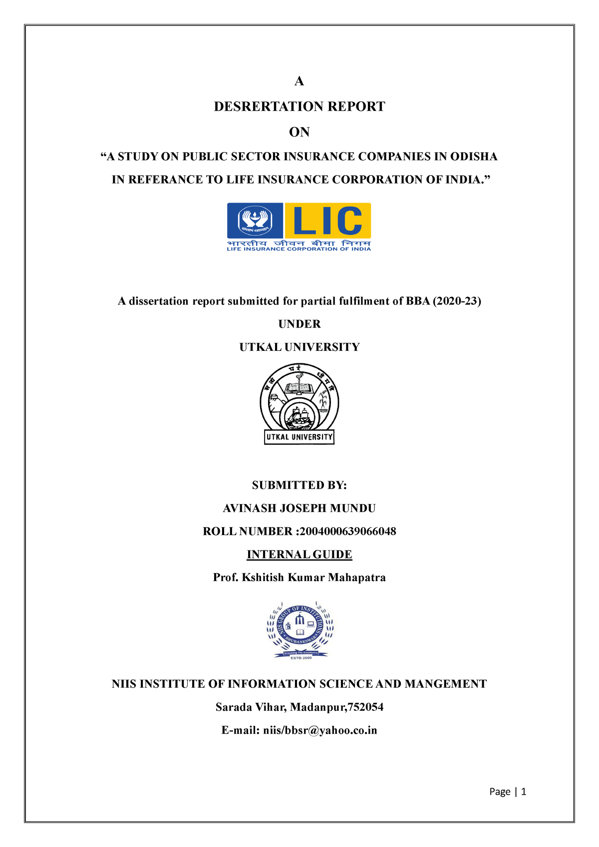 research report on lic