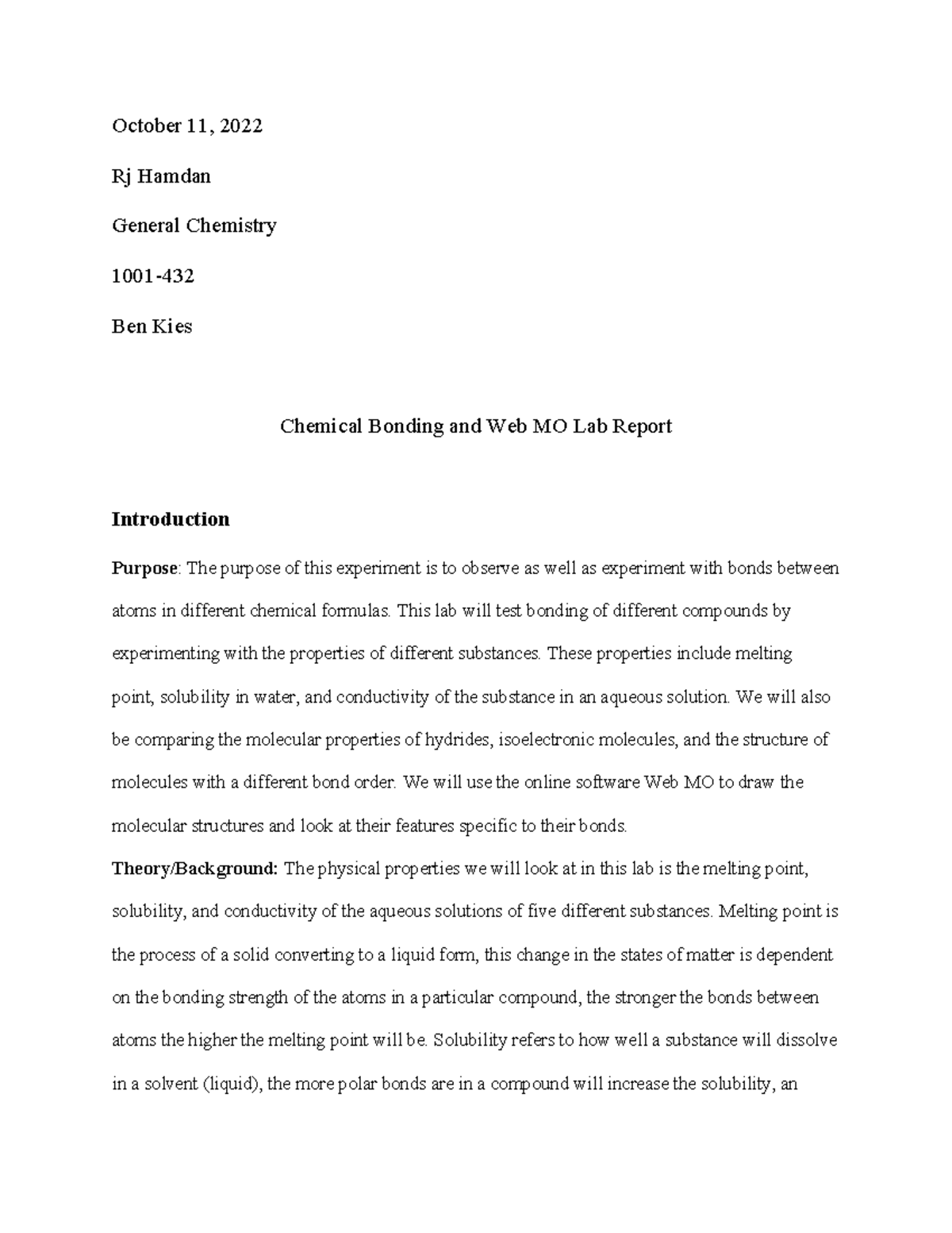 Chem bonding lab - Lab reports - October 11, 2022 Rj Hamdan General ...