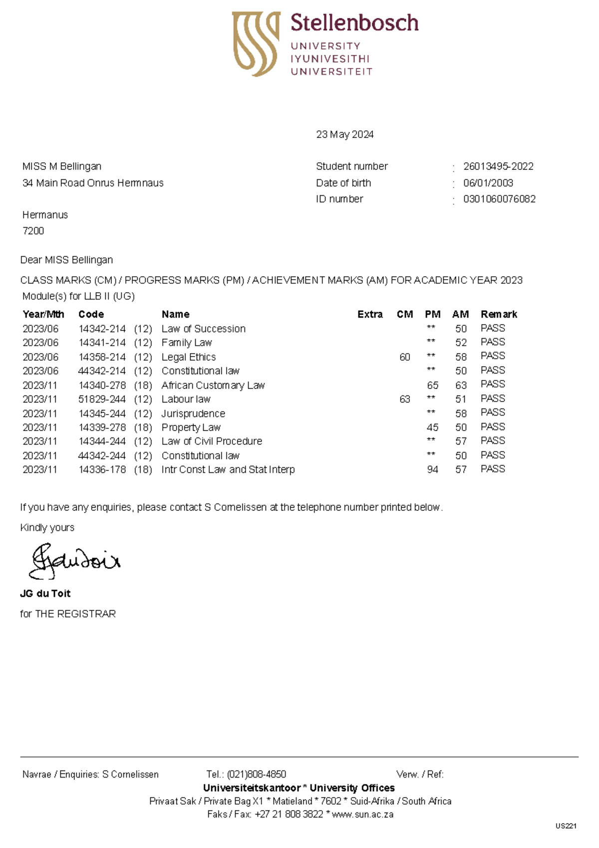 Exam 26013495 - Dear MISS Bellingan CLASS MARKS (CM) / PROGRESS MARKS ...