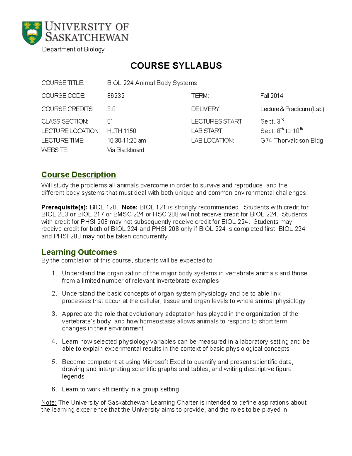 Bio 224 Syllabus - Department Of Biology COURSE SYLLABUS COURSE TITLE ...