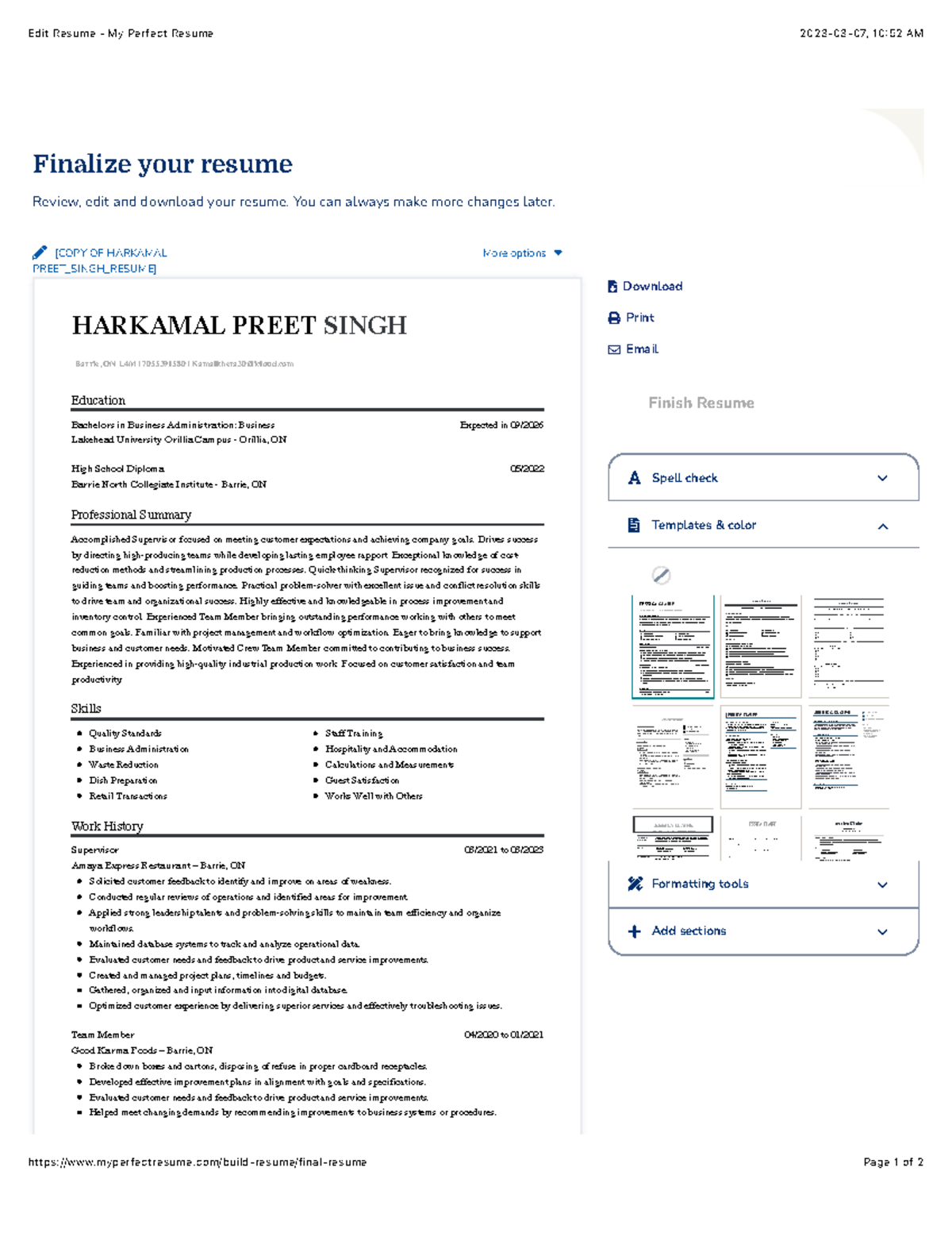 Edit Resume - My Perfect Resume - You can always make more changes ...