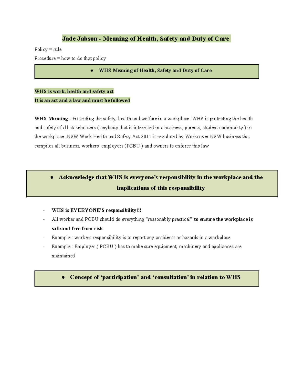 Jade Jabson Study Notes Work, Health and Safety (WHS) Jade Jabson