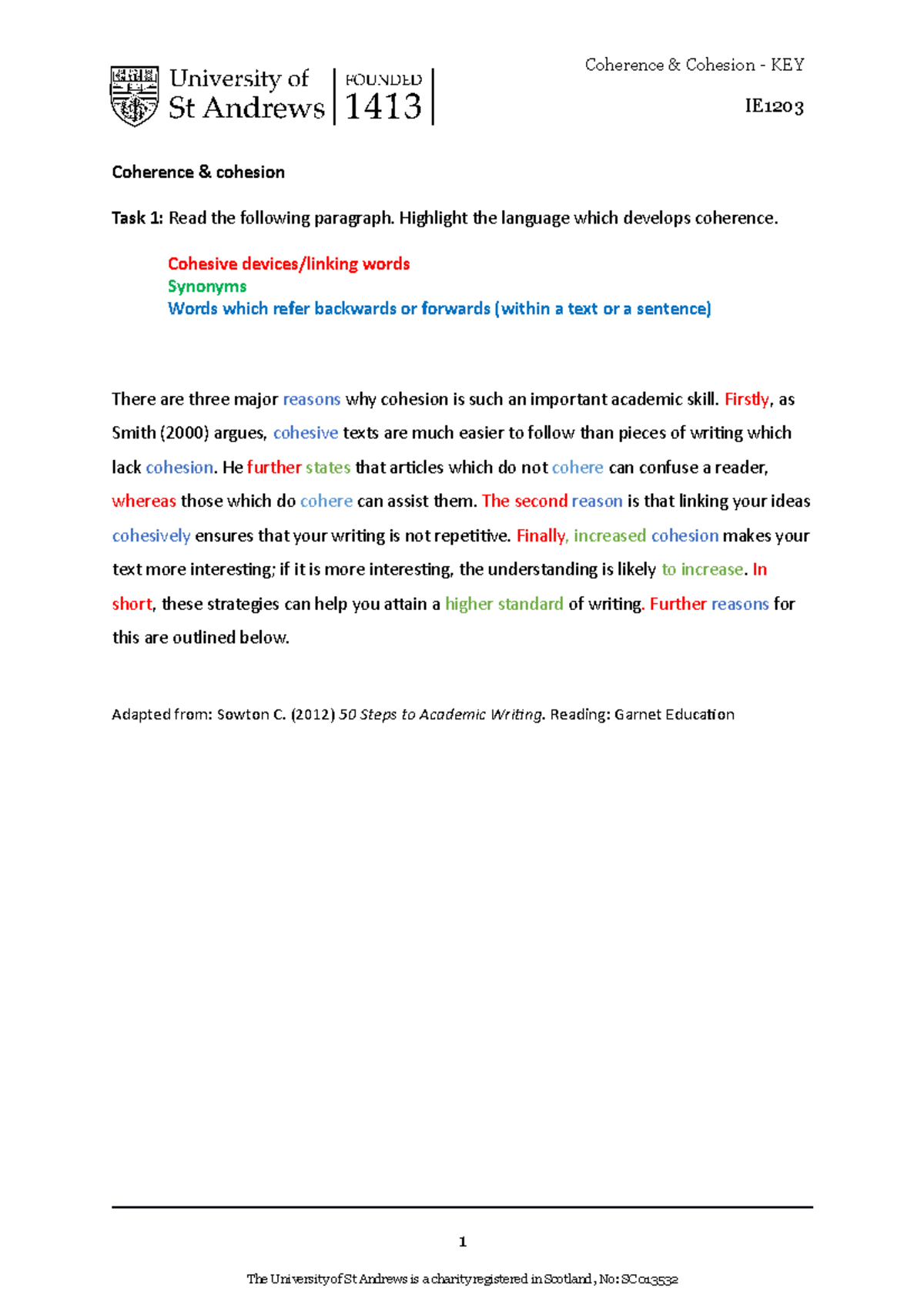 IE1203 Coherence Cohesion Worksheet Coherence & Cohesion KEY IE