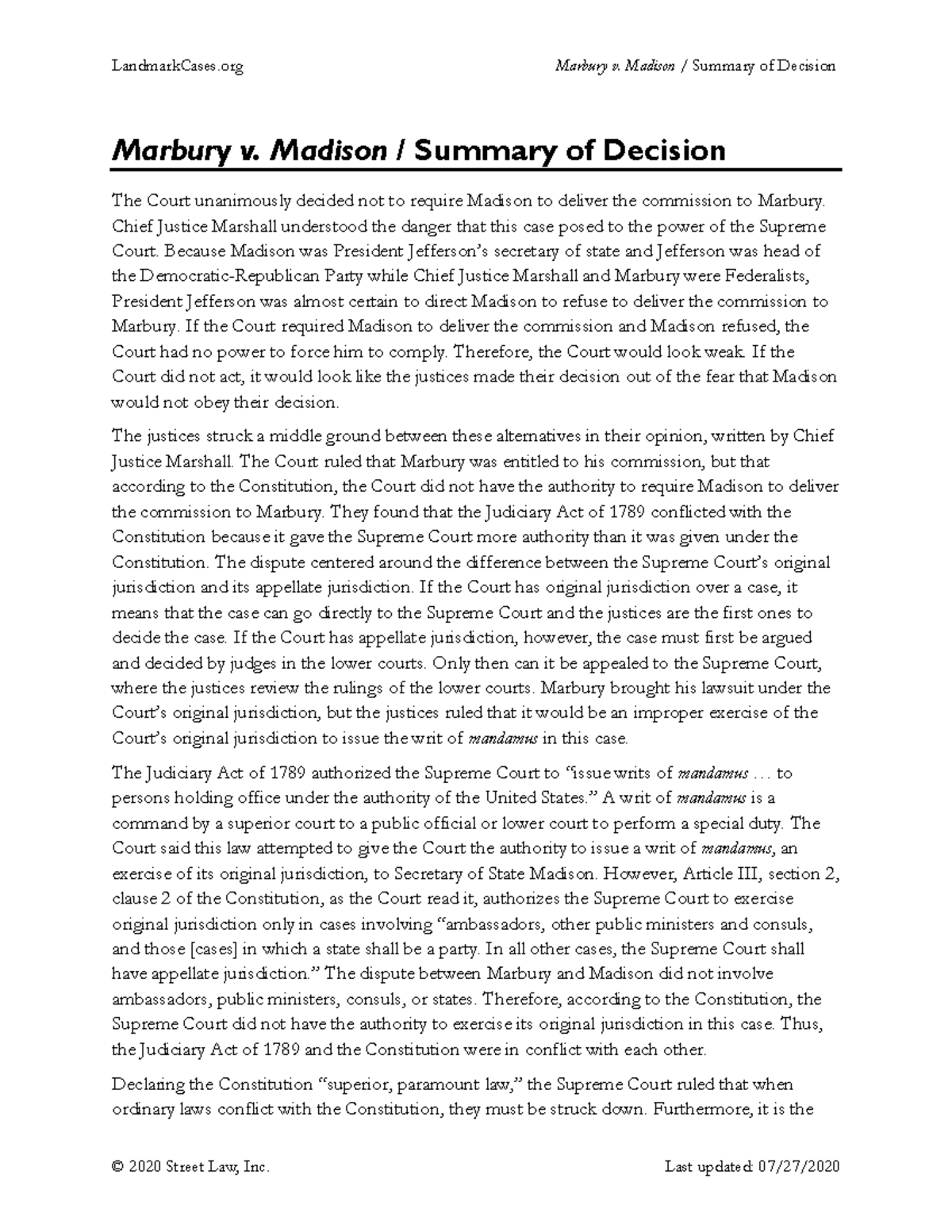 Decision summary marbury madison LandmarkCases Marbury v. Madison
