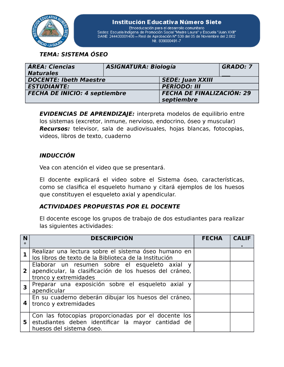 Guia De Aprendizaje 1 Tema Sistema Óseo Área Ciencias Naturales Asignatura Biología Grado 7873