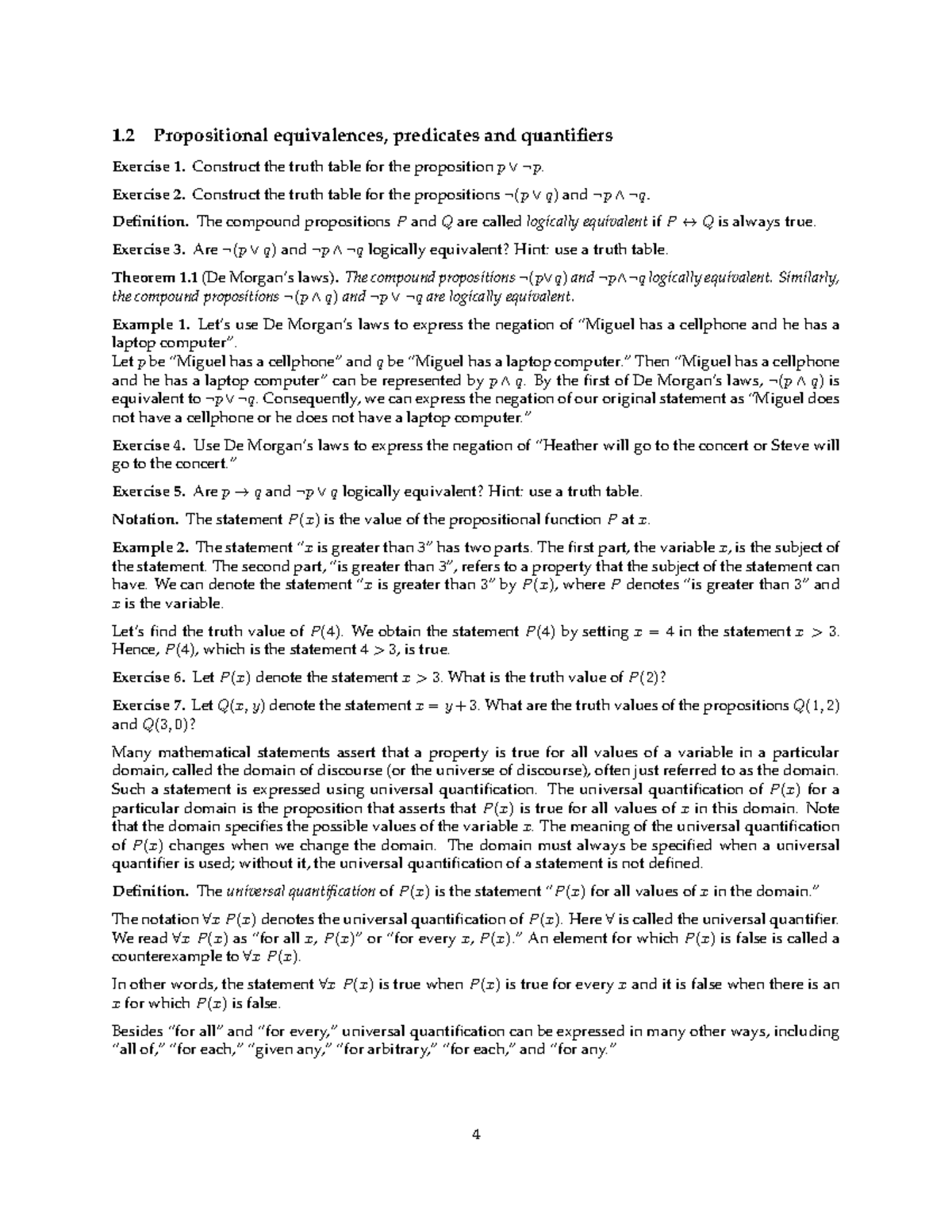 1.2 Propositional equivalences, predicates and quantifiers - MATH 2360Q ...