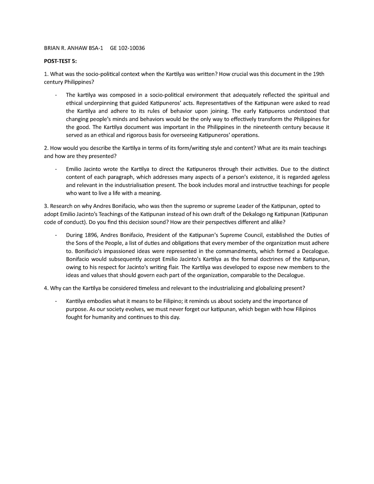 Anhaw post test 5 - MBOT - BRIAN R. ANHAW BSA-1 GE 102- POST-TEST 5 ...