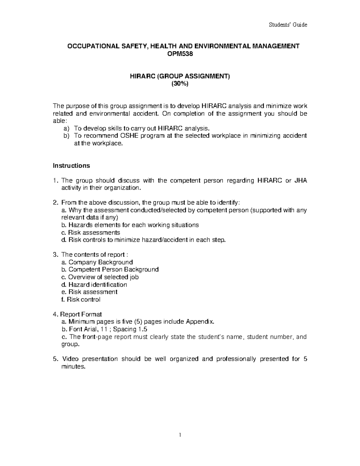 Student Guide Hirarc - Students’ Guide 1 OCCUPATIONAL SAFETY, HEALTH ...