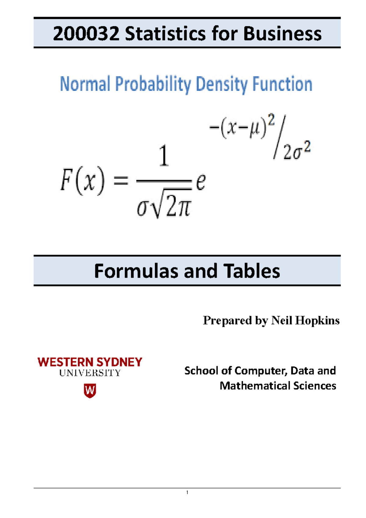 Formula Sheet - fgbrg - 1 200032 Statistics for Business Formulas and ...