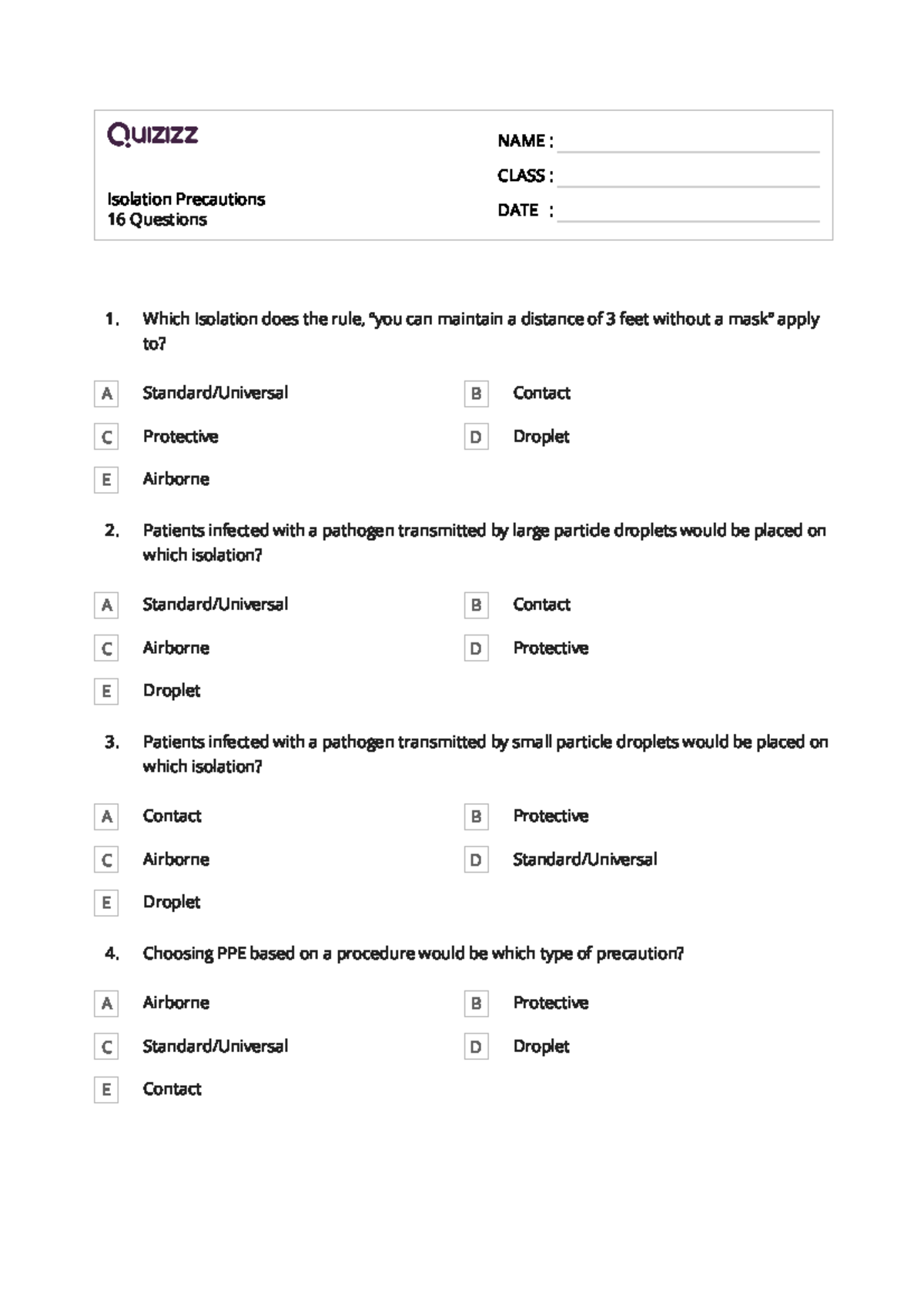 Quizz of Isolation Precautions - Isolation Precautions 16 Questions ...