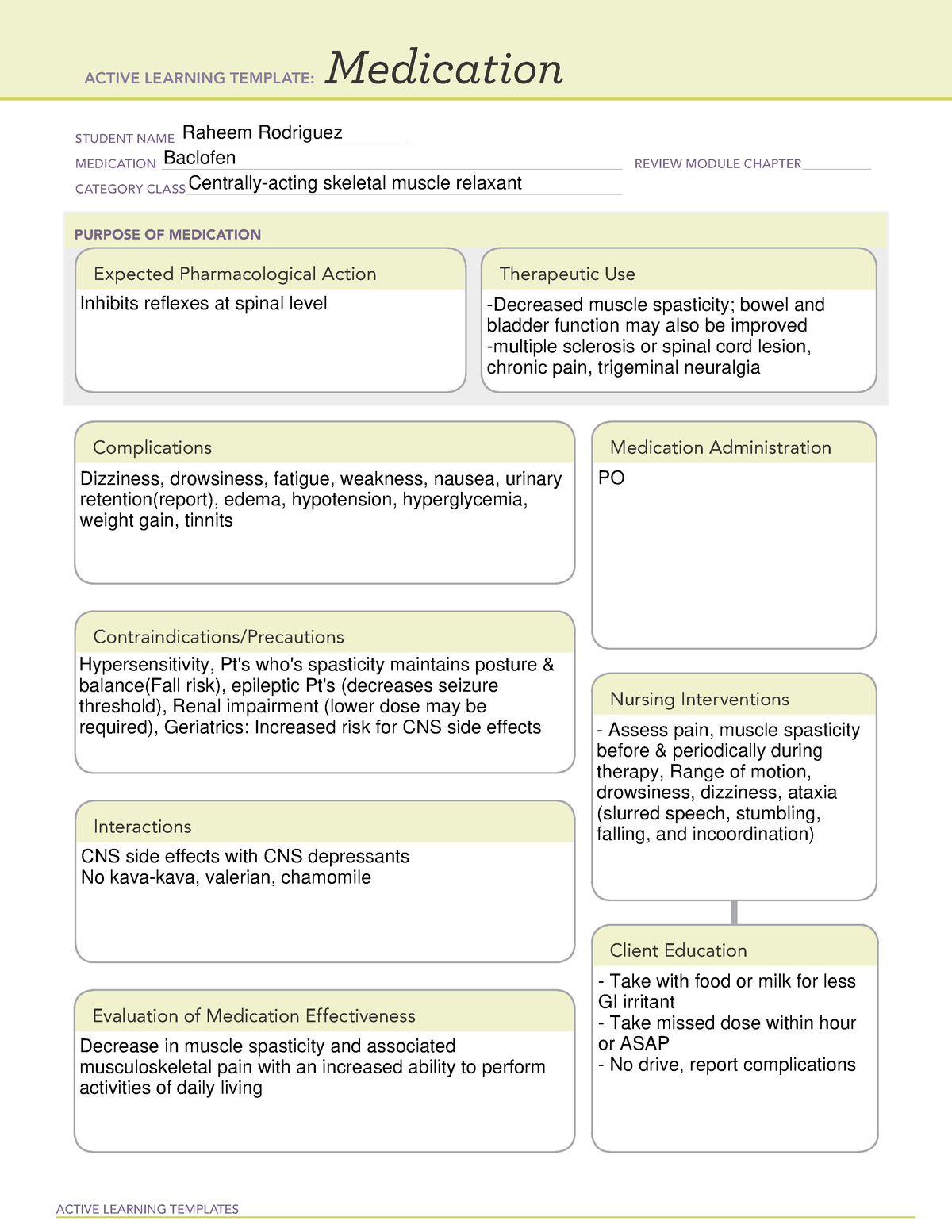 ATI medication template Baclofen ACTIVE LEARNING TEMPLATES