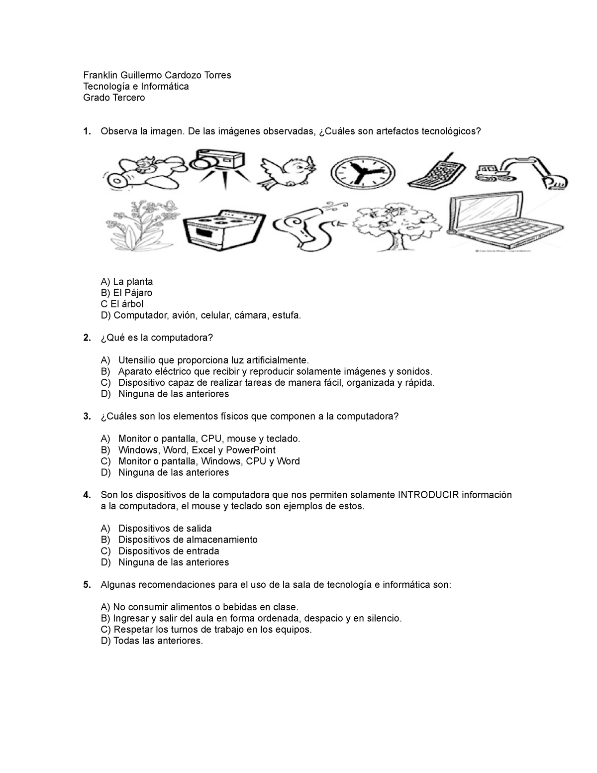 Prueba Saber Tercero Franklin Guillermo Cardozo Torres Tecnología E Informática Grado Tercero 1563