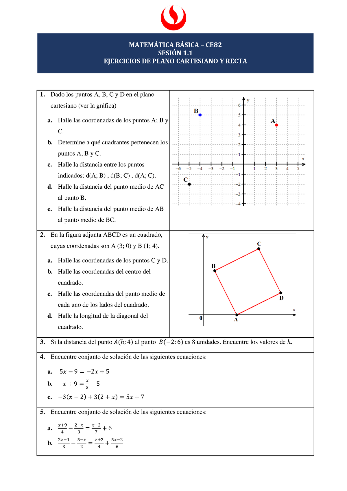 CE Sesion Ejercicios DE Plano Cartesiano Y Recta Respuestas MATEMÁTICA BÁSICA CE