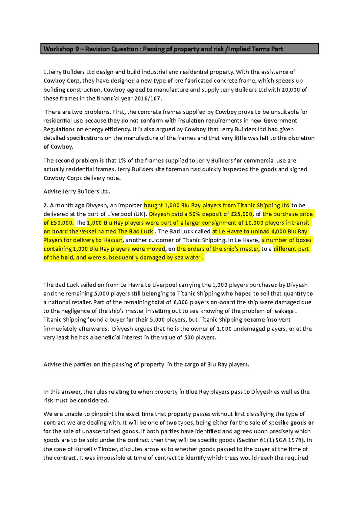 Passing of property and implied terms - Workshop 9 – Revision Question ...