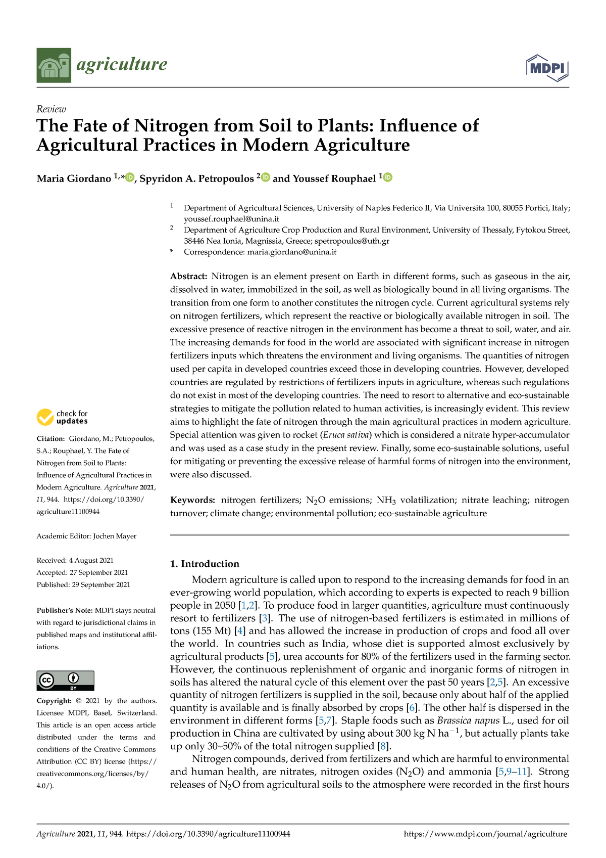 Agriculture-11-00944 - agriculture Review The Fate of Nitrogen from ...