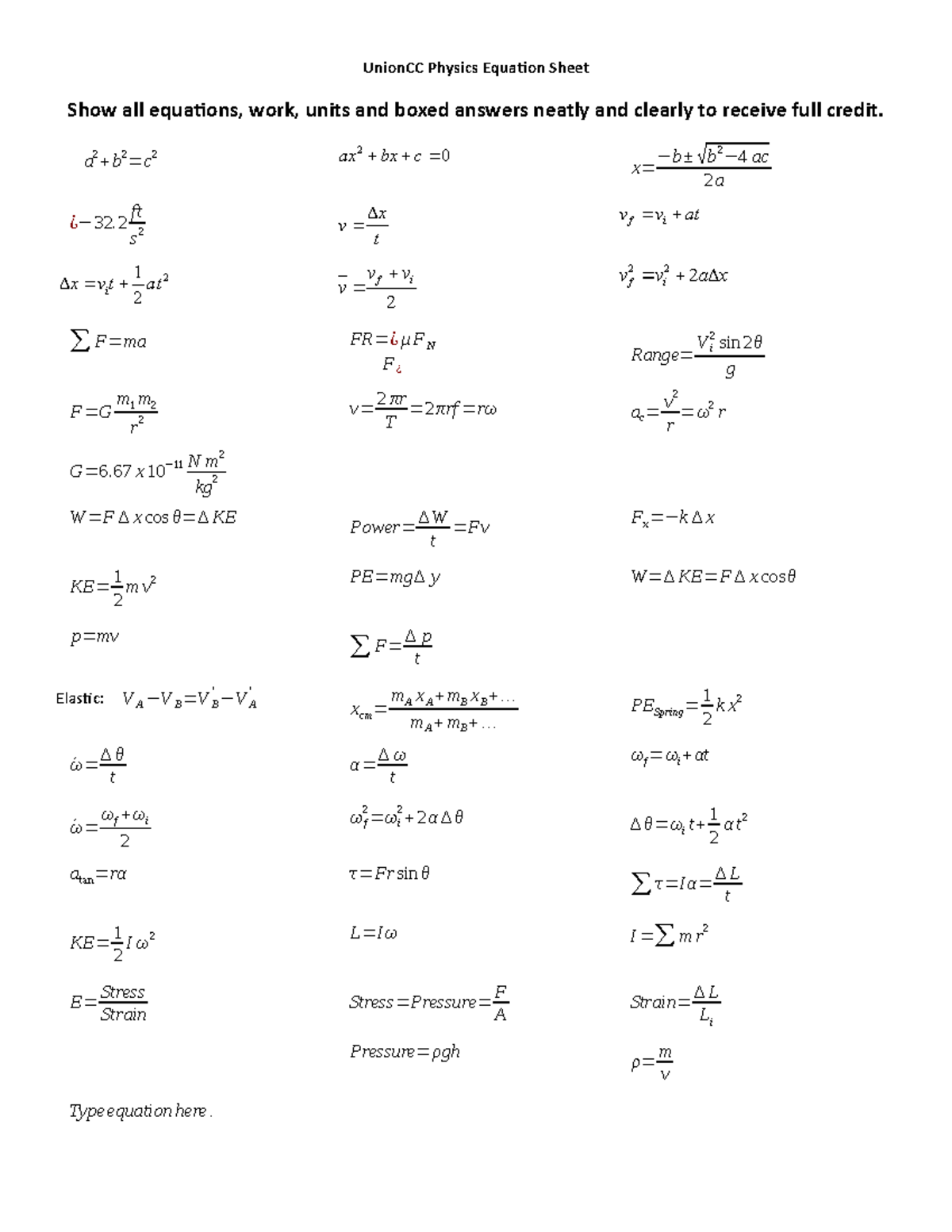 Physics Equation Sheet - UnionCC Physics Equation Sheet Show all ...