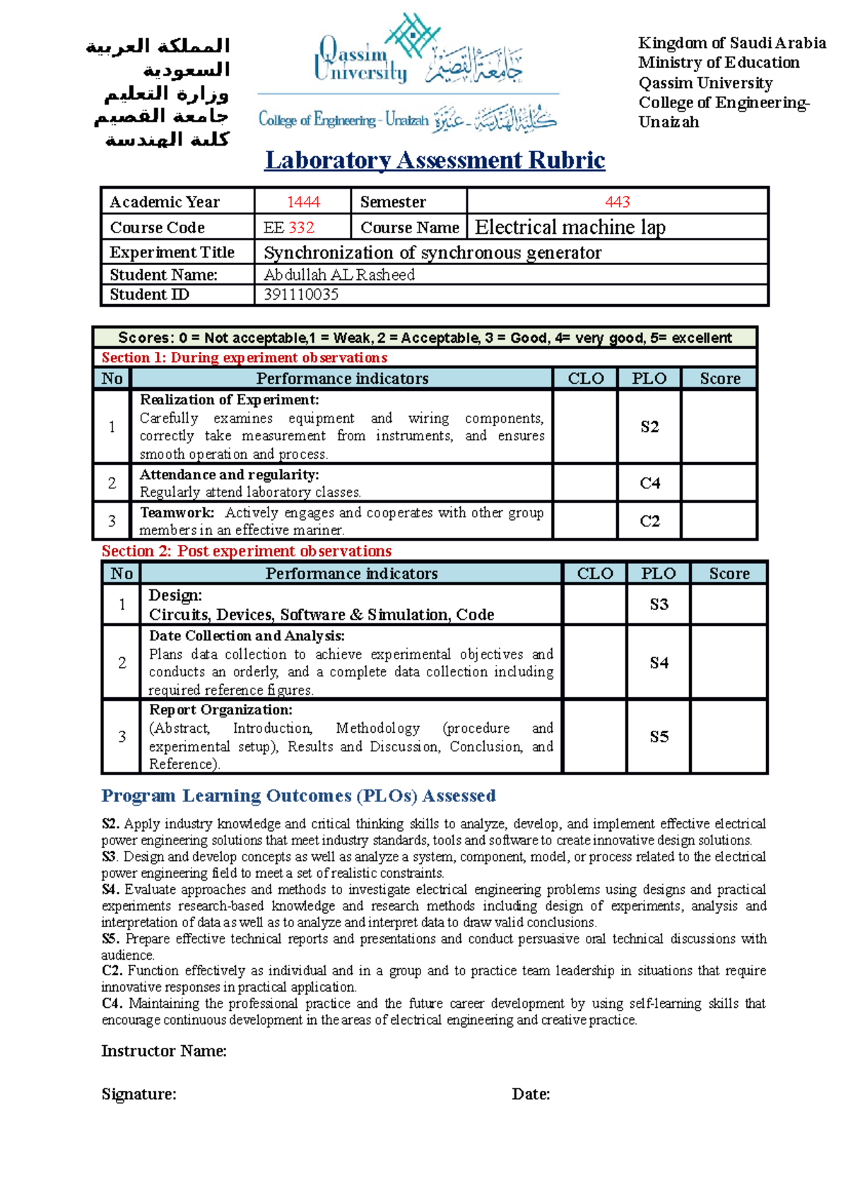 Lab EE332-4 - 4note - Laboratory Assessment Rubric Academic Year 1444 ...