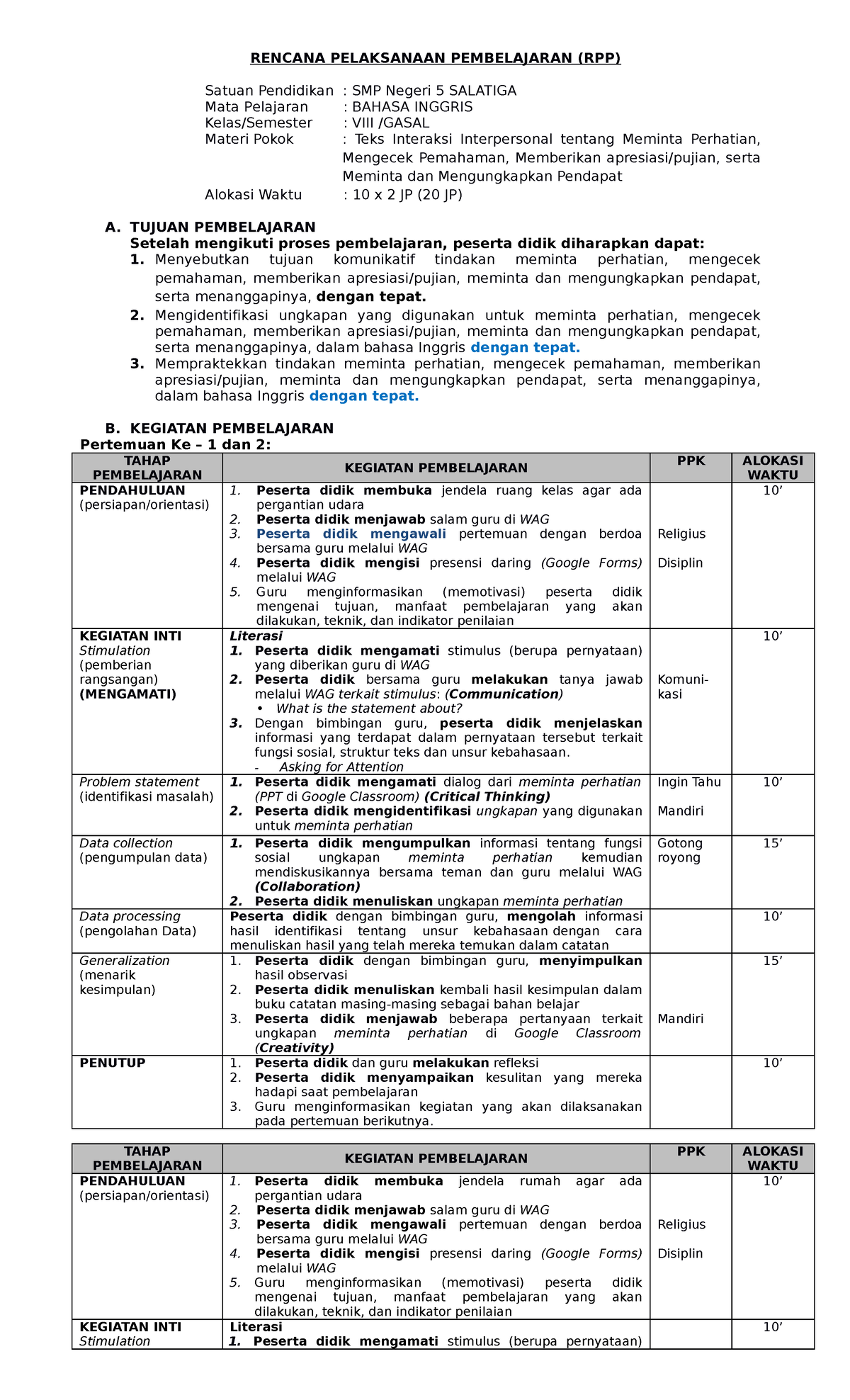 RPP 1 VIII 21-22 - Test - RENCANA PELAKSANAAN PEMBELAJARAN (RPP) Satuan ...
