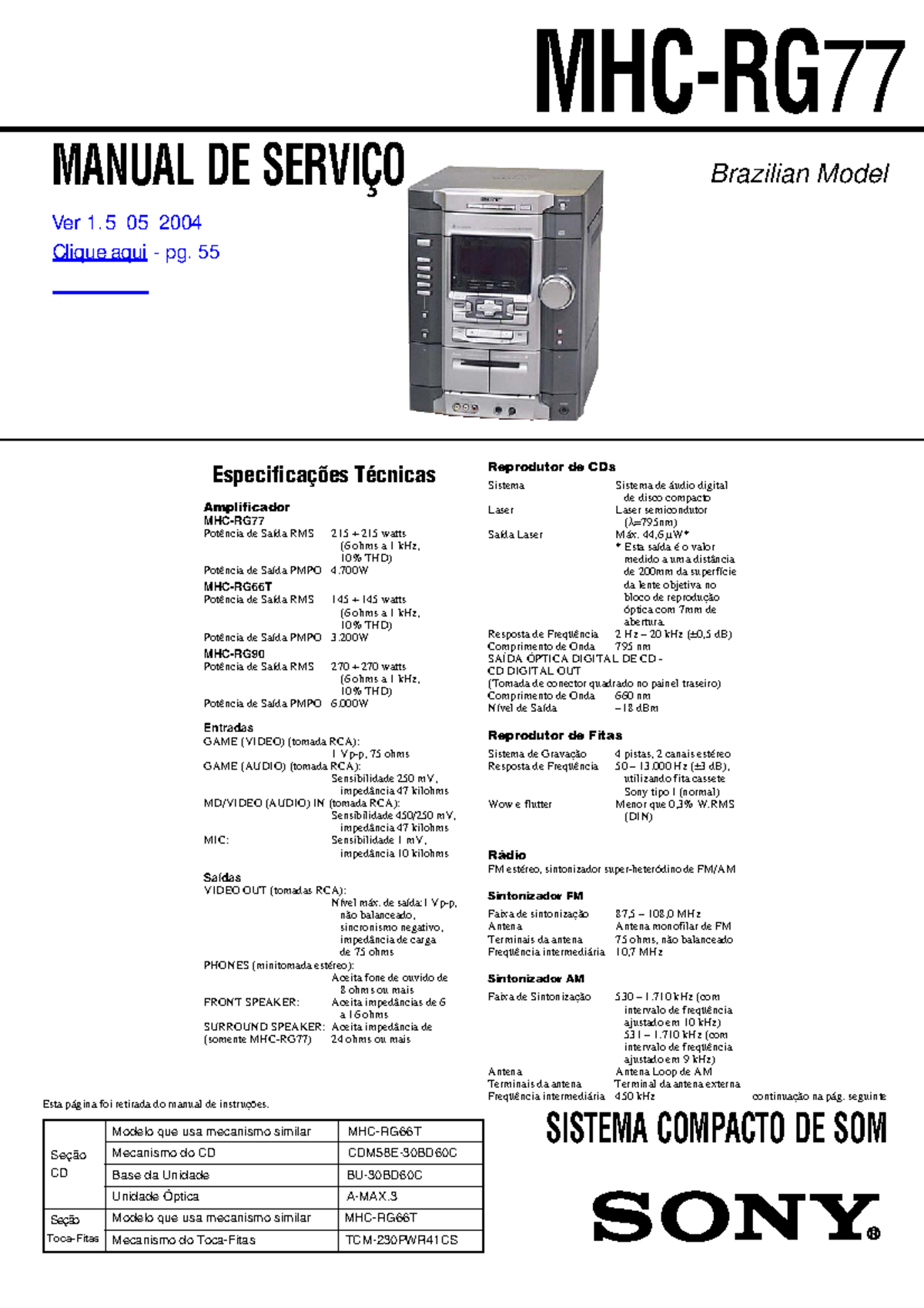 Sony mhc-rg77 ver1 - MANUAL DE SERVIÇO Brazilian Model Especificações ...