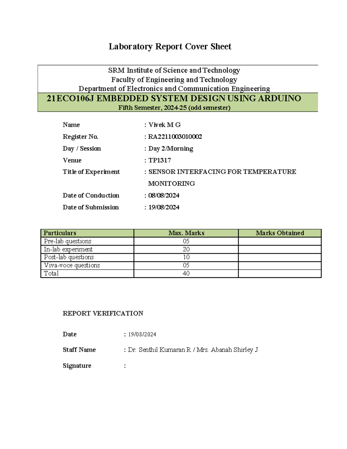 Sensor Interfacing FOR Temperature Monitoring - Laboratory Report Cover ...