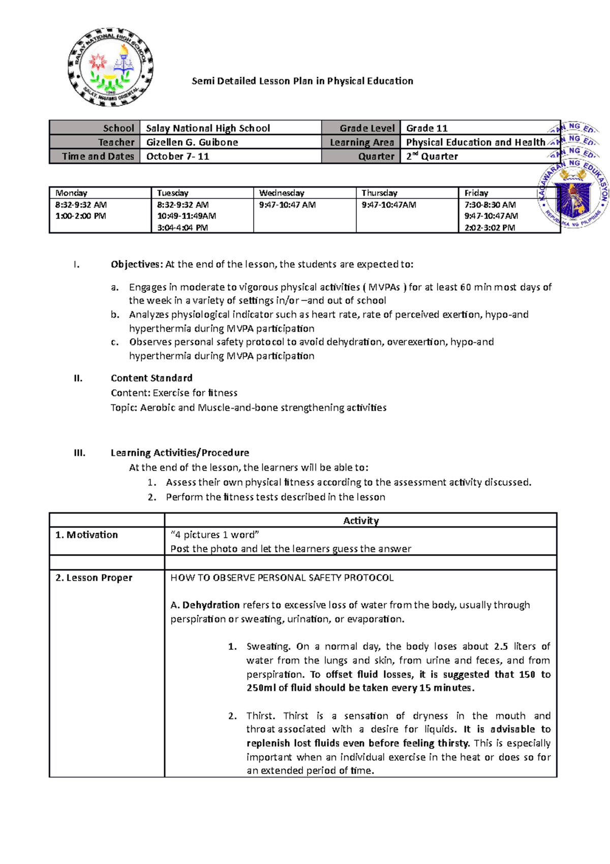 Detailed Lesson Plan In Health Docx Detailed Lesson Plan Dlp No My 