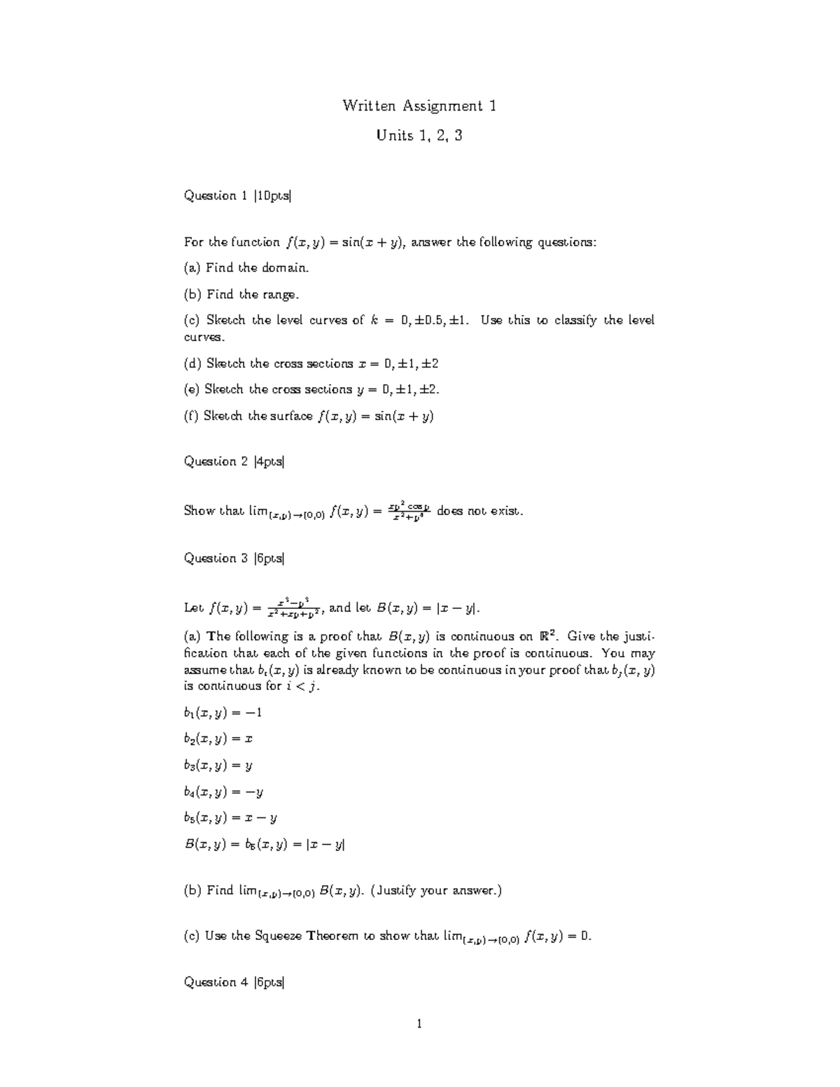 Written Assignment 1 - (b) Find the range. (c) Sketch the level curves ...