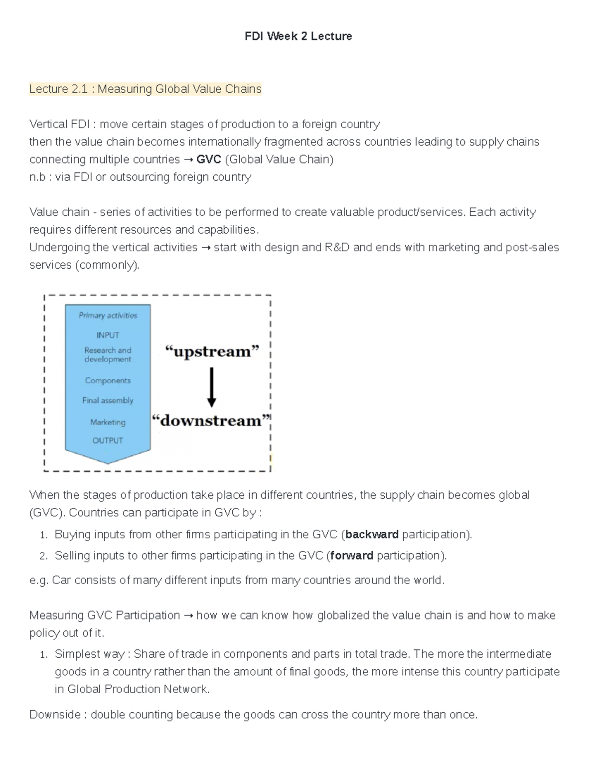 FDI Week 2 Summary FDI Week 2 Lecture Lecture 2 Measuring Global Value Chains Vertical FDI
