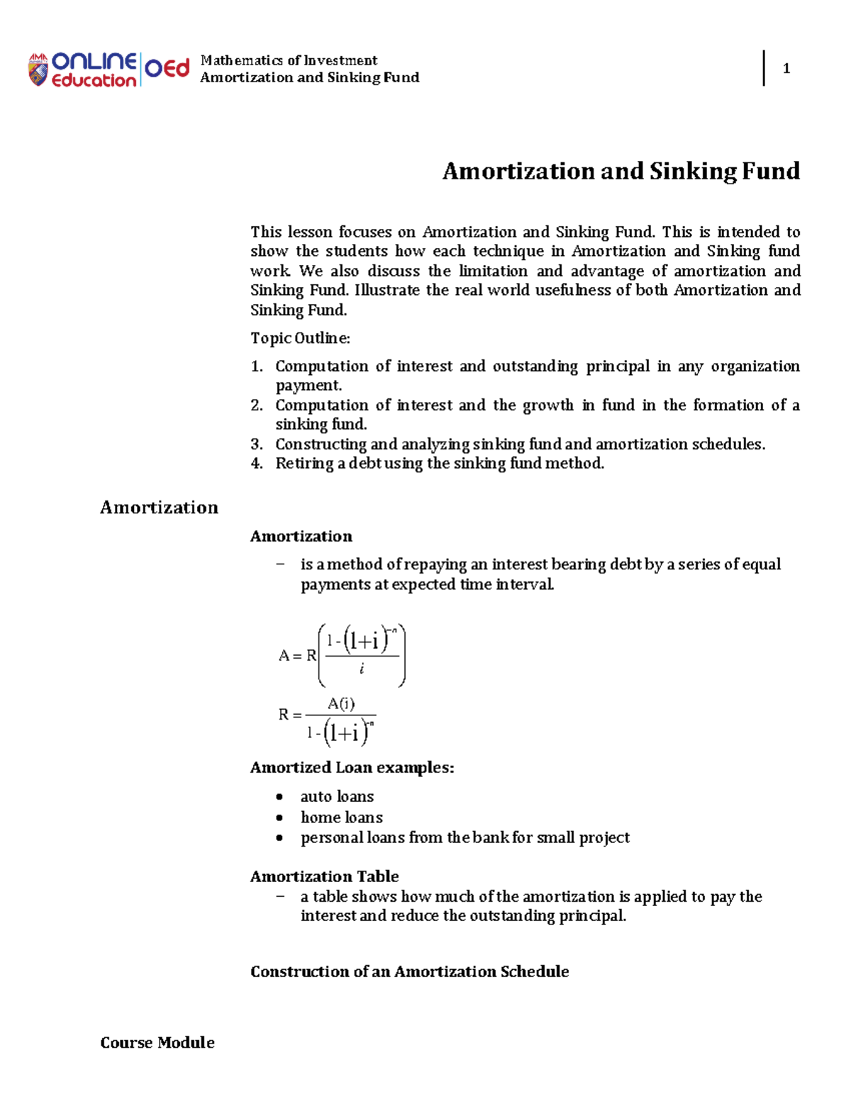 Week006Course ModuleAmortization and Sinking Fund Mathematics of