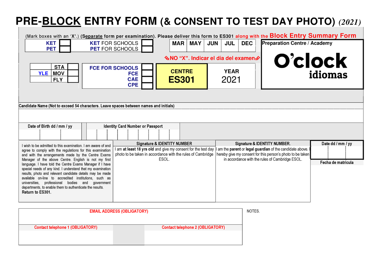 Formulario Matr Cula ES301 Urkide - PRE-BLOCK ENTRY FORM (& CONSENT TO ...