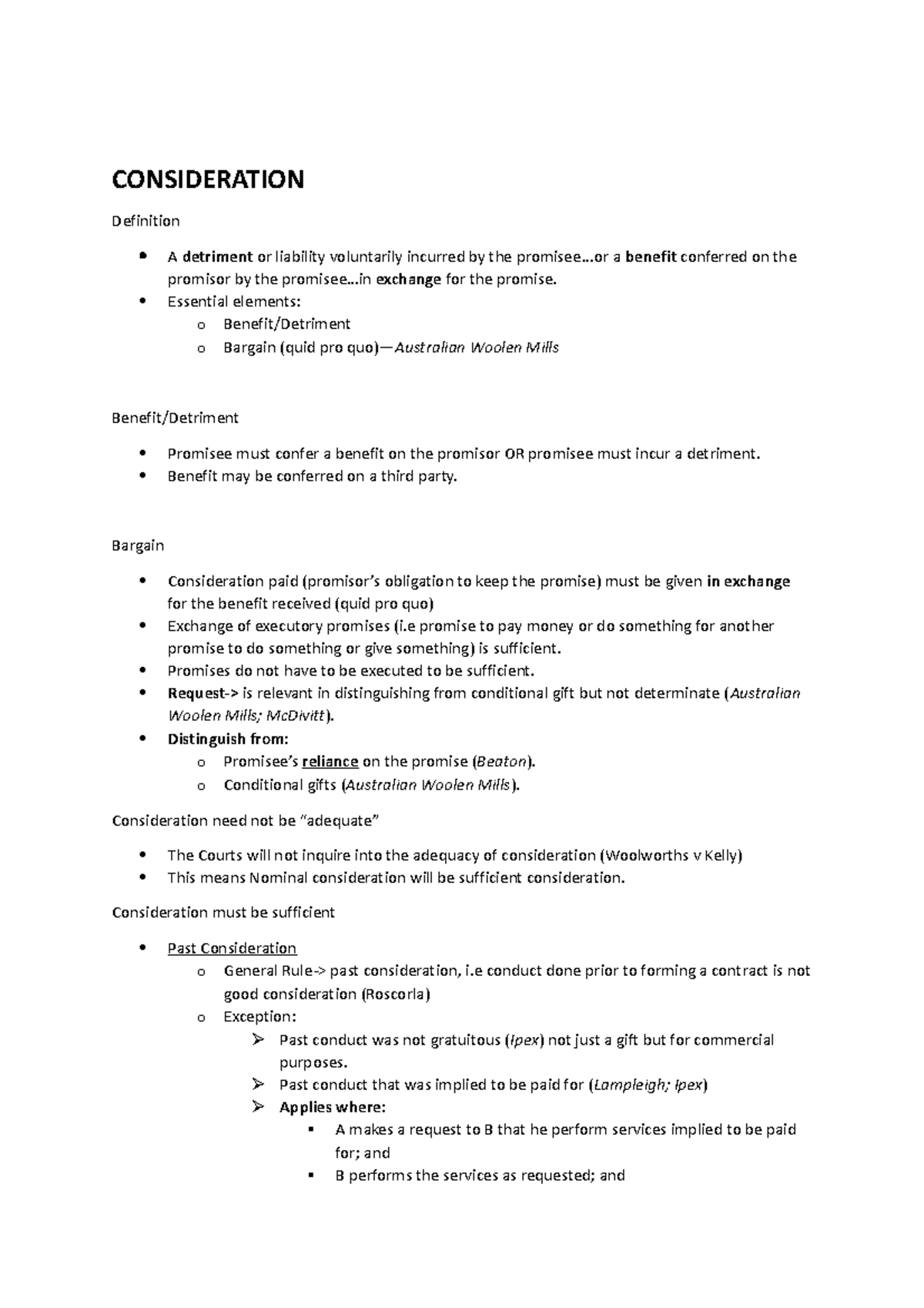 Contract Formation Consideration - CONSIDERATION De昀椀ni琀椀on A detriment ...