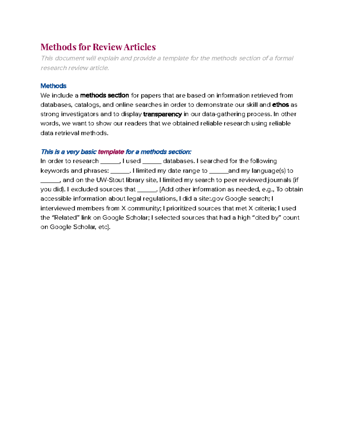Review Article Methods Template - Methods for Review Articles This ...