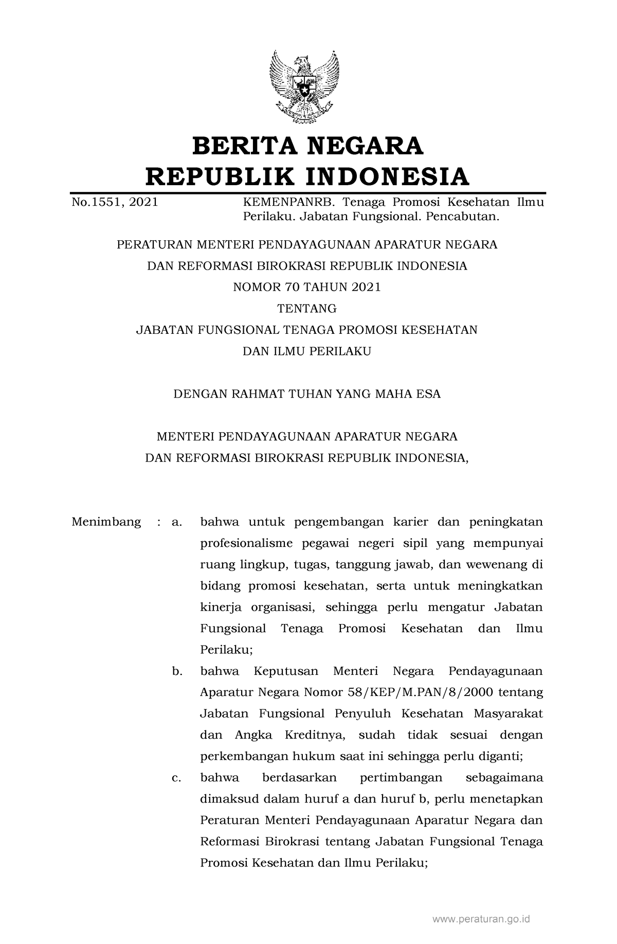 Permen Panrb No. 70 Tahun 2021 - BERITA NEGARA REPUBLIK INDONESIA No ...