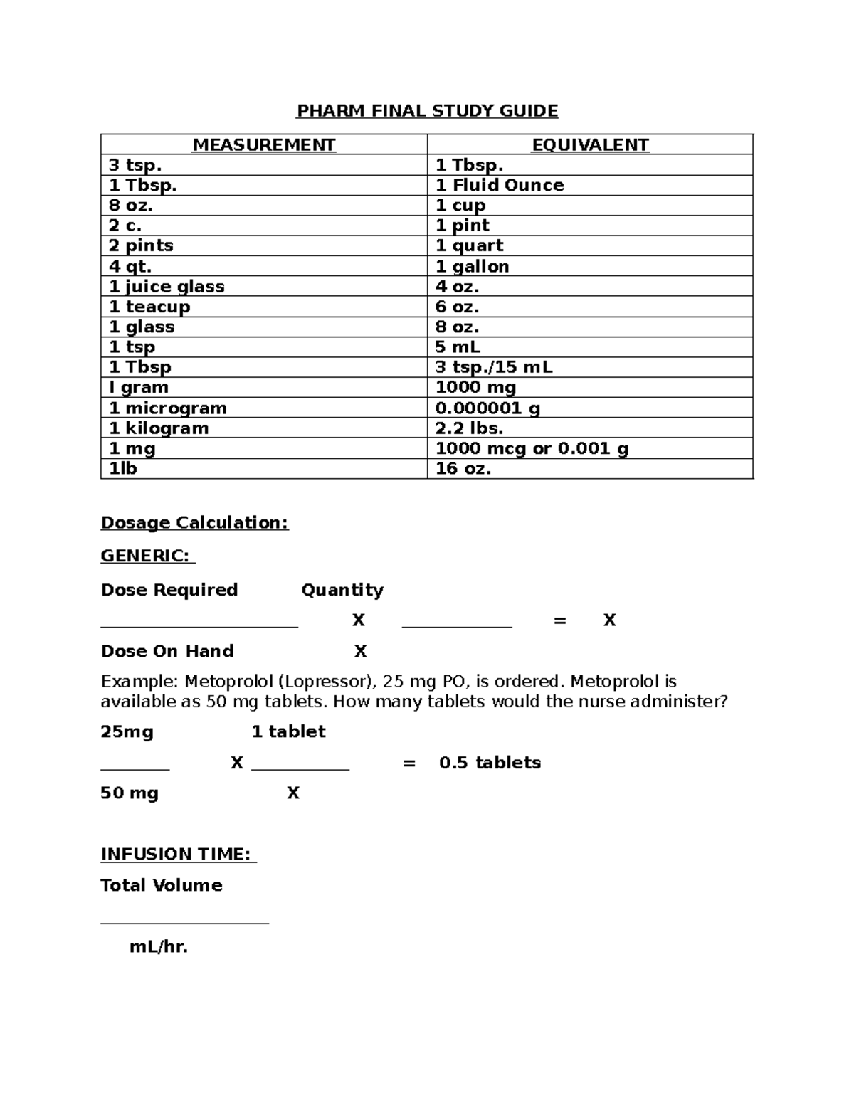 Pharm Final Study Guide - PHARM FINAL STUDY GUIDE MEASUREMENT ...