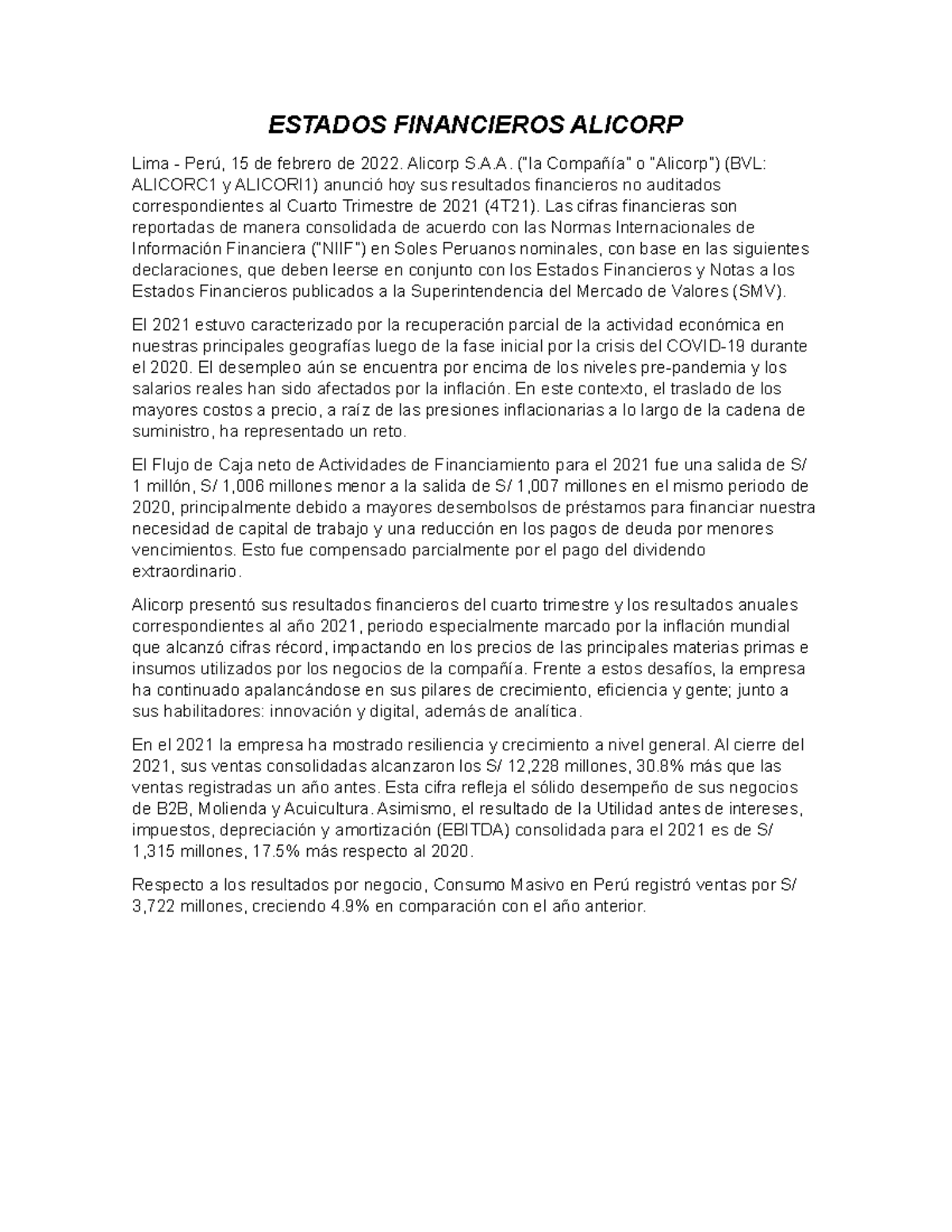 Estados Financieros Alicorp - ESTADOS FINANCIEROS ALICORP Lima - Perú ...