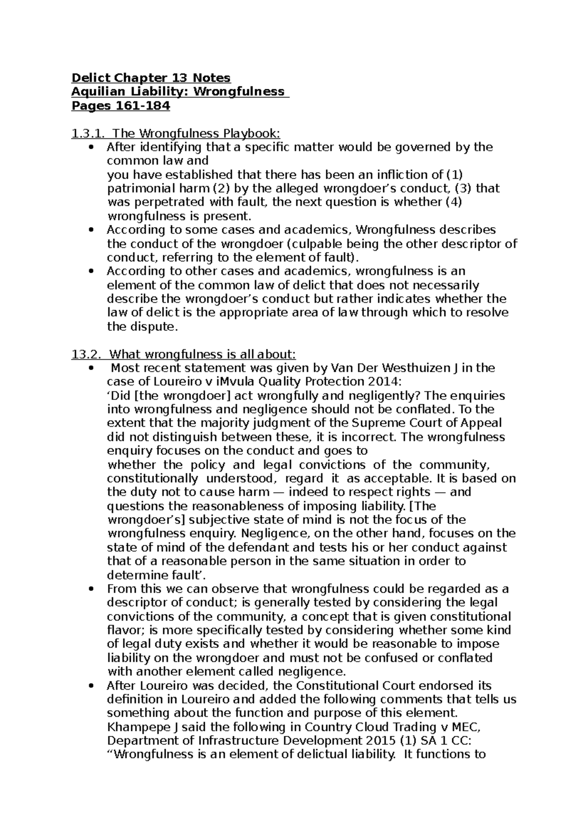 Delict Chapter 13 Notes - Delict Chapter 13 Notes Aquilian Liability ...