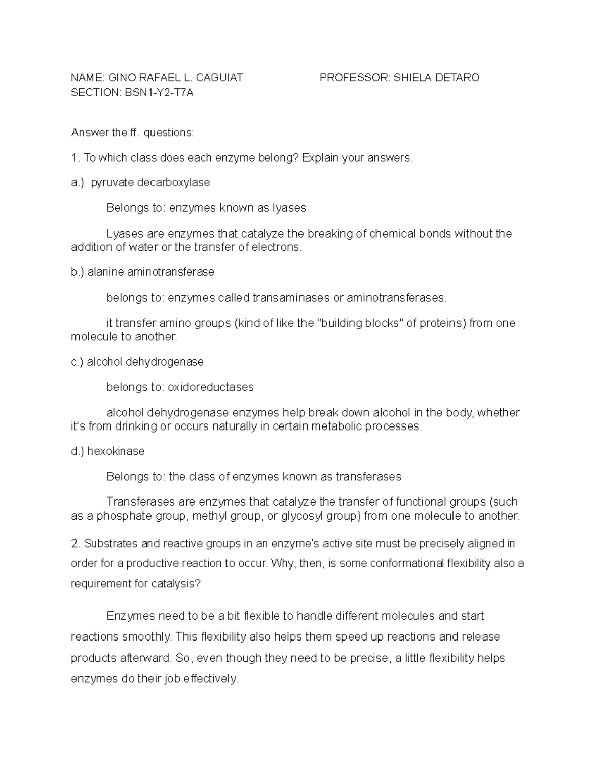 Biochem Enzym - Laboratory - NAME: GINO RAFAEL L. CAGUIAT PROFESSOR ...